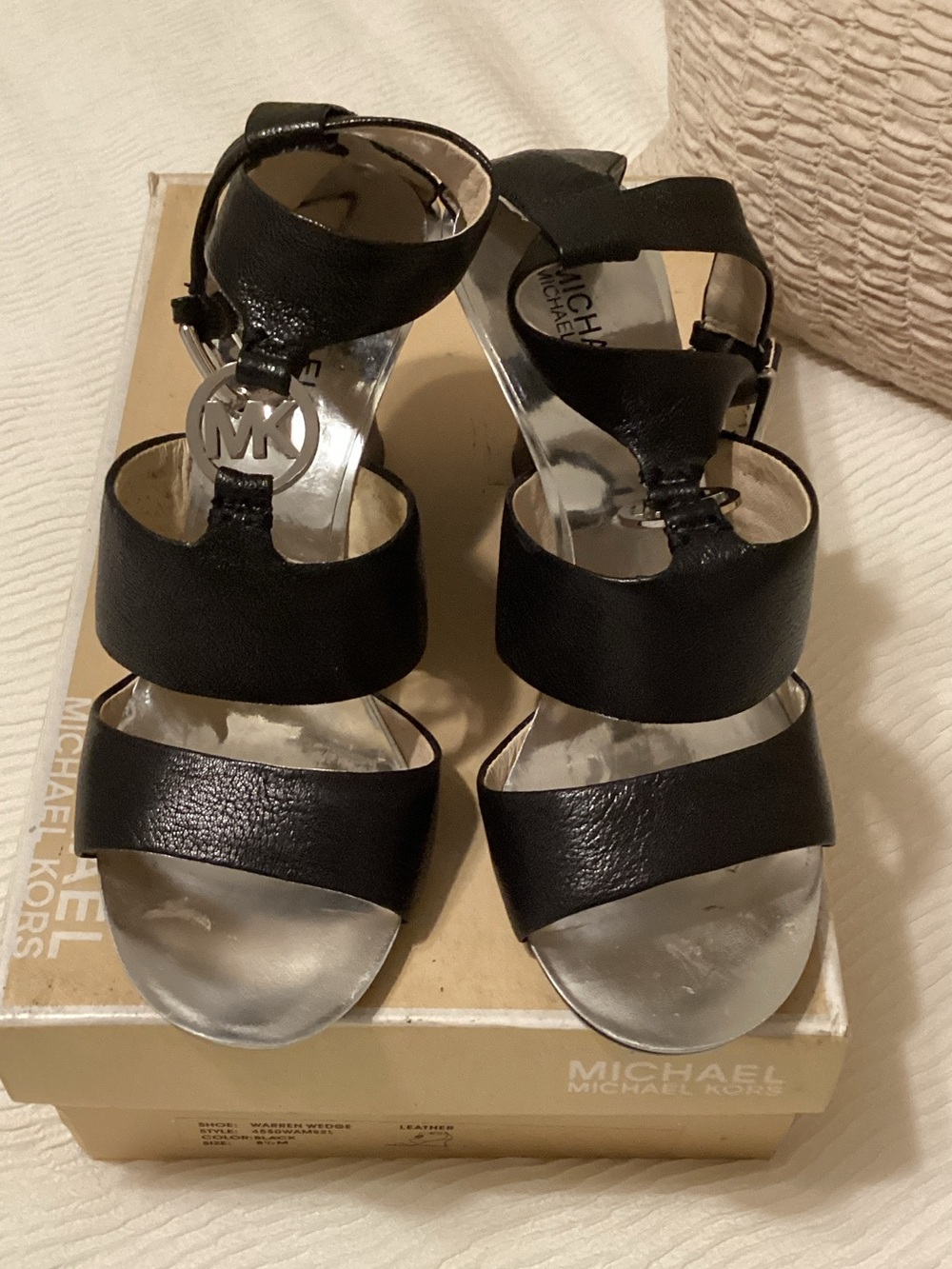 Michael Kors Black Leather Strappy Heeled Sandals with MK Charm